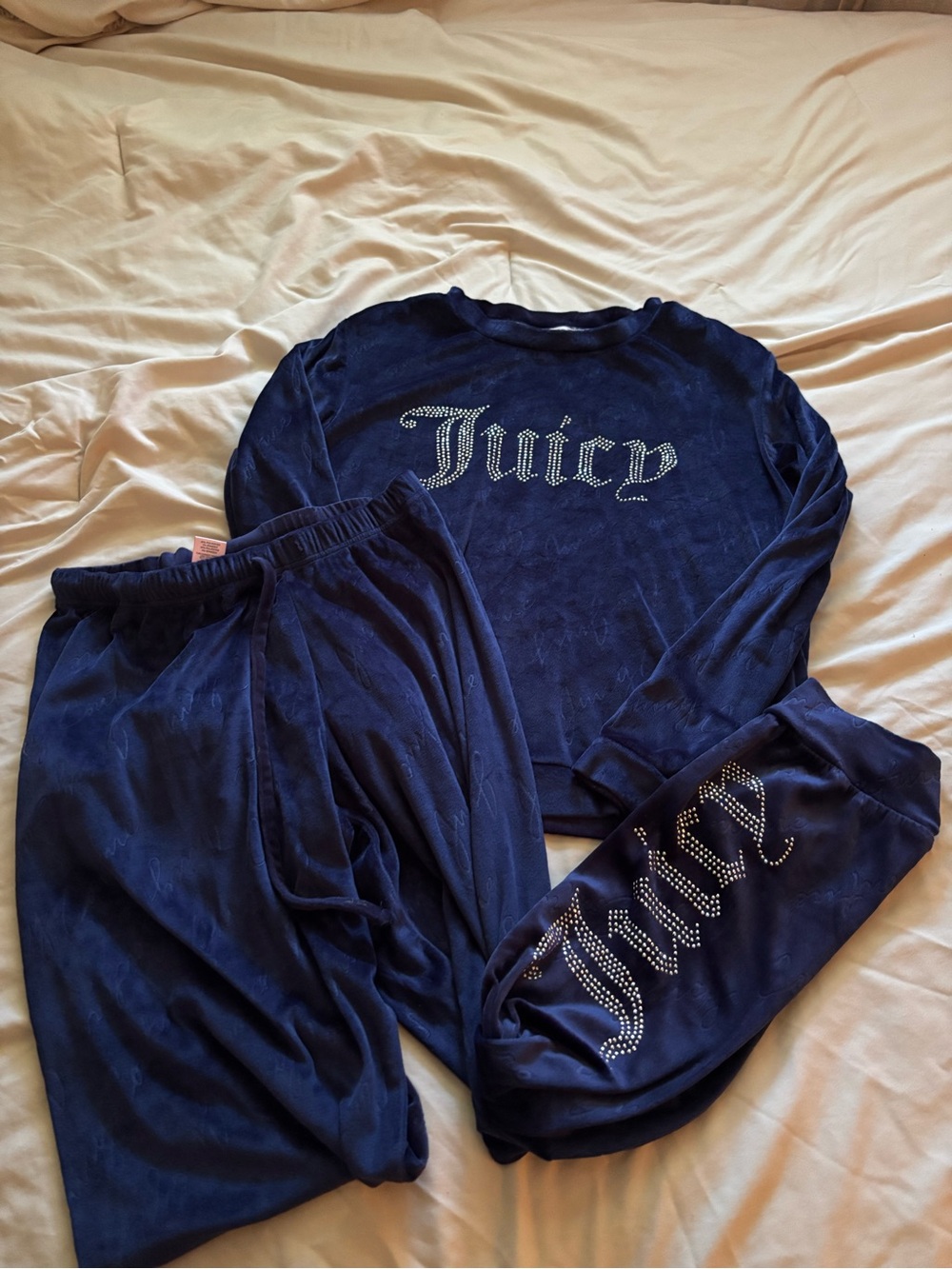 Juicy Couture Navy Velour Two-Piece Pajama Set with Rhinestone Juicy Logo